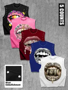 Y2K Rivet Sleeveless Vest Set, Unique Lip Print, Casual Fitted Style, Cartoon Pattern, Loose Fit, Trendy Fashion Top