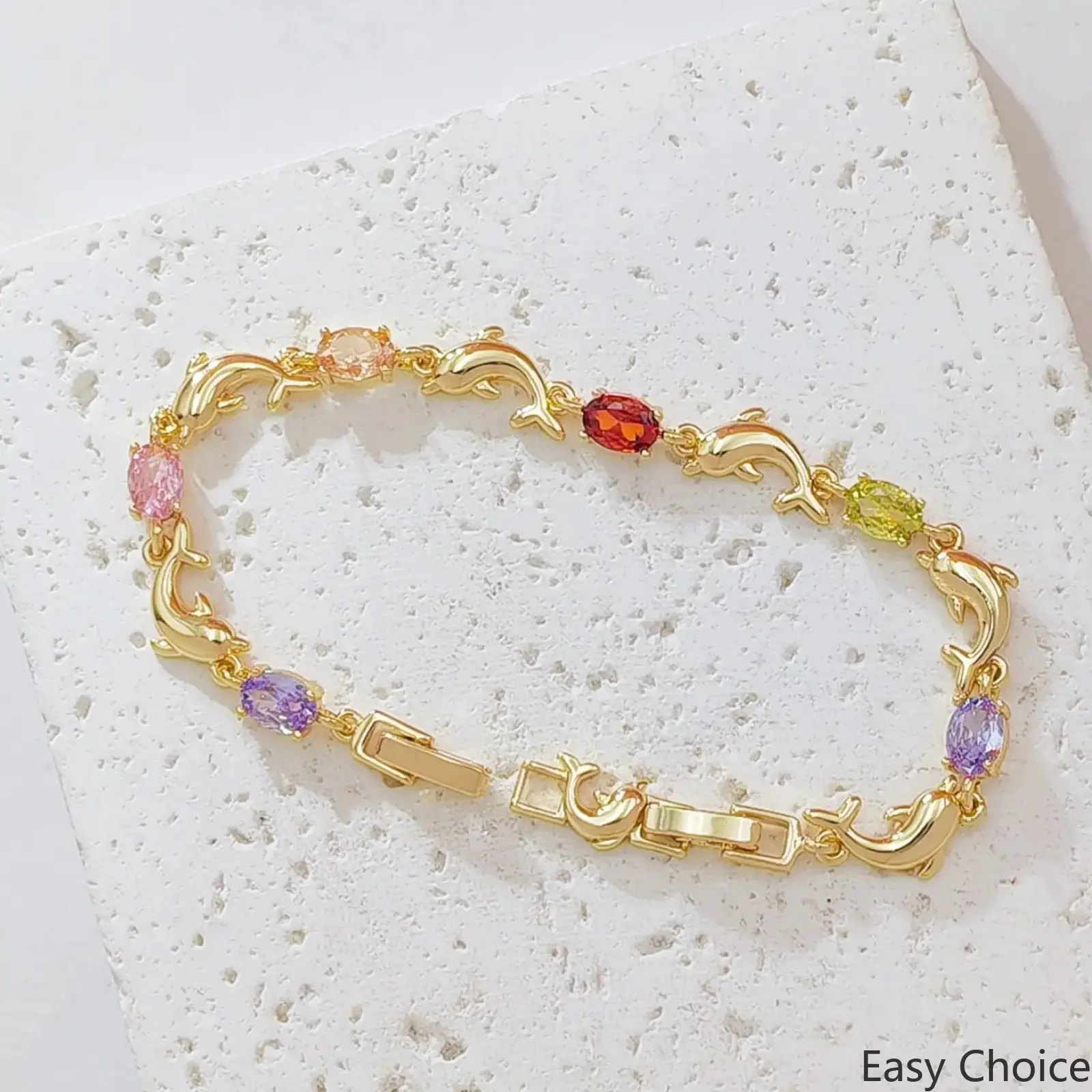 14K Gold Plated Dolphin Link Bracelet For Women, Dainty Chain With Oval Multicolor Cubic Zirconia Charms, Ocean Animal Stackable Jewelry, Trendy Accessory Perfect For Summer Beach Wear And Birthday Gifting