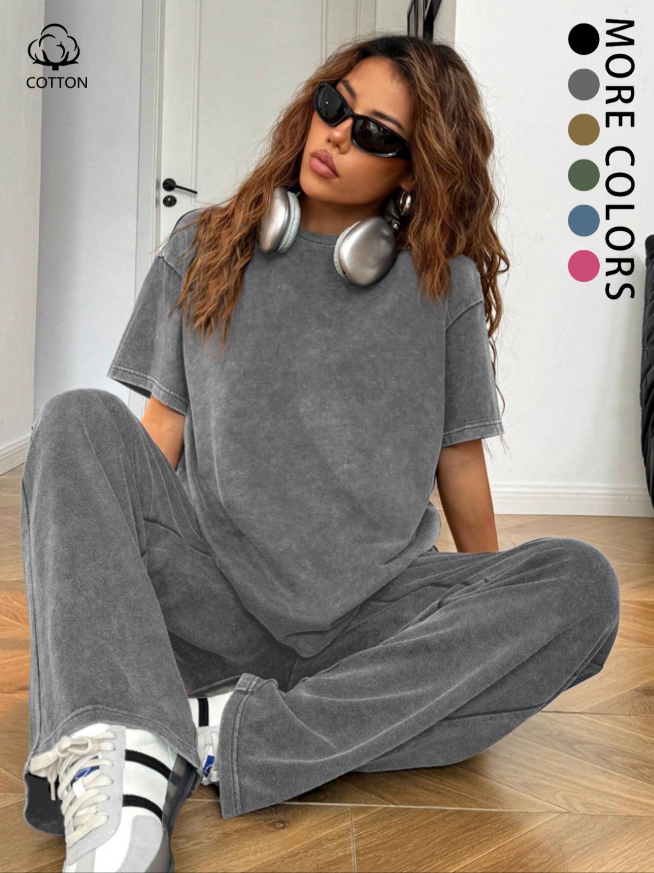 Women's Casual Loose Fit Acid Washed Cotton Short Sleeve T-Shirt and Long Pants Two-Piece Set, All Seasons, Plain Style Women's Casual Loose Fit Acid Washed Cotton Short Sleeve T-Shirt and Long Pants Two-Piece Set, All Seasons, Plain Style