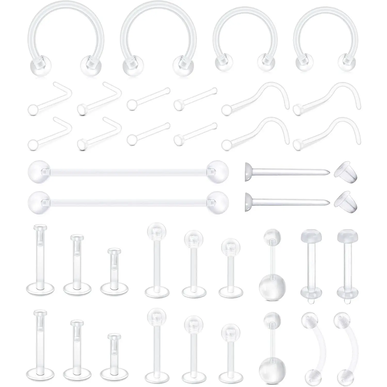38pcs Clear Bioflex Piercing Retainers for Surgery, Nose Rings Belly Rings Septum Eyebrow Lip Cartilage Tragus Earring Retainer Industrial Bar Plastic Piercing Jewelry for Work(Gift)