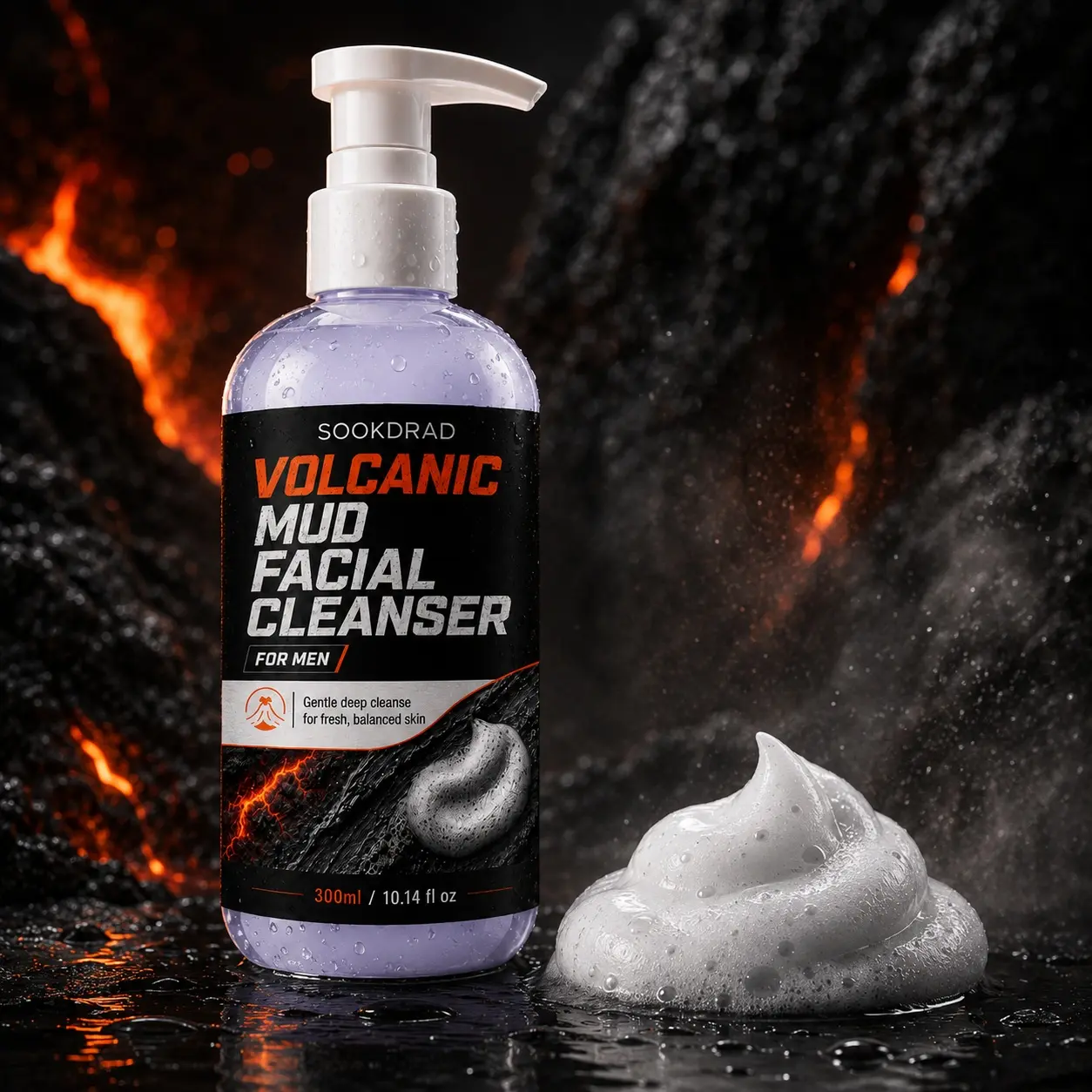 Volcanic Mud Facial Cleanser, containing volcanic mud, gentle deep cleanse, for face, for men, fresh balanced skin, daily skincare, 300ml/10.14 fl oz