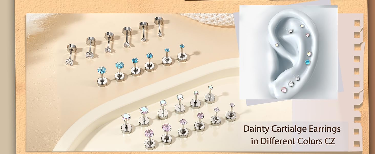 CASSIECA 12Pairs 20G Stainless Steel CZ Stud Earrings for Women Men Cartilage Helix Earrings Set Round Cubic Zirconia Screw Flat Back Stud Piercing