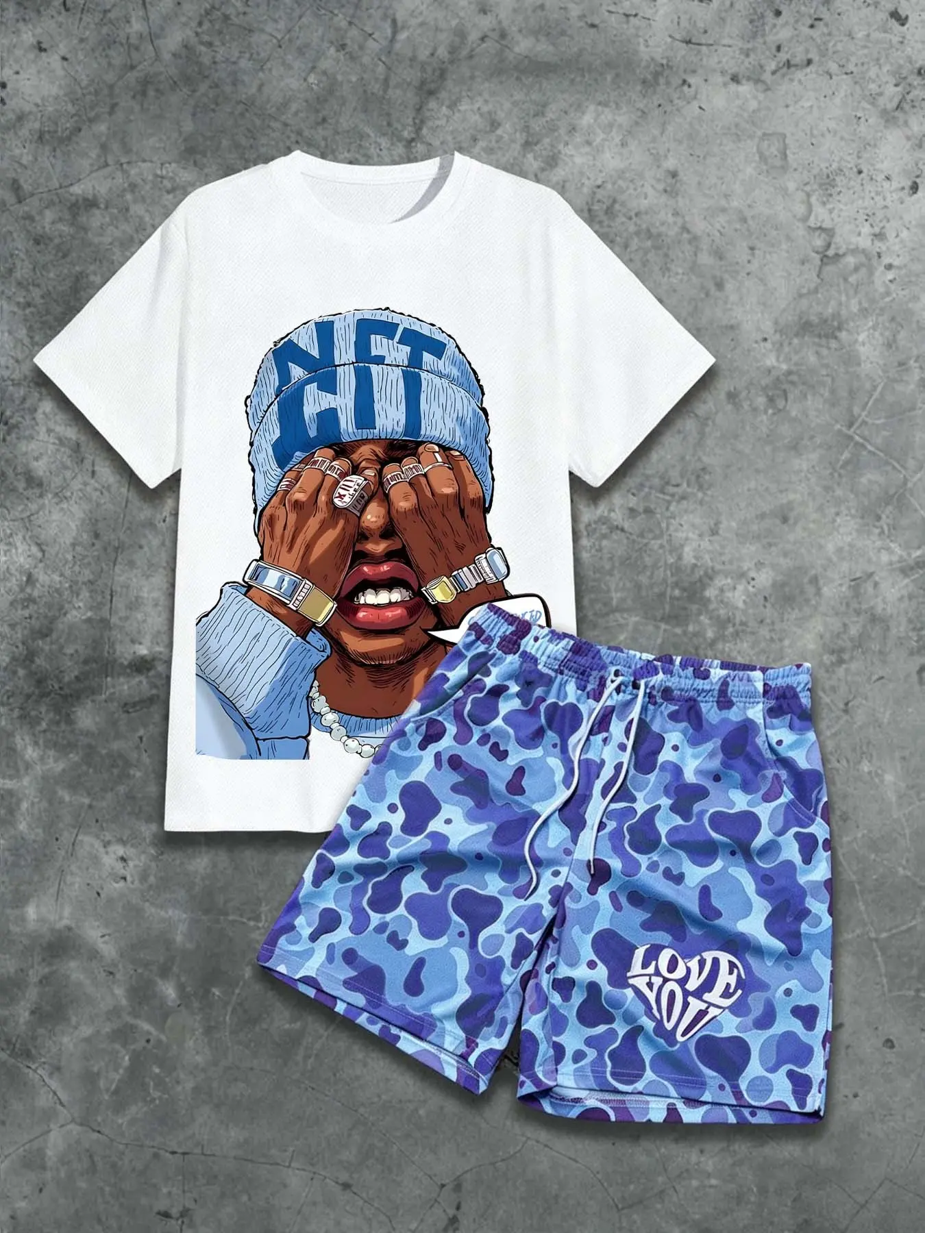 American Street Hip Hop Portrait Print Mesh Short Sleeve + Camouflage Shorts Set, Menswear Loose-Fitting Street Style Streetwear Outfit Suit, Fashionable Clothing for Man, Shorts Sets Outfits, Casual Clothing Set