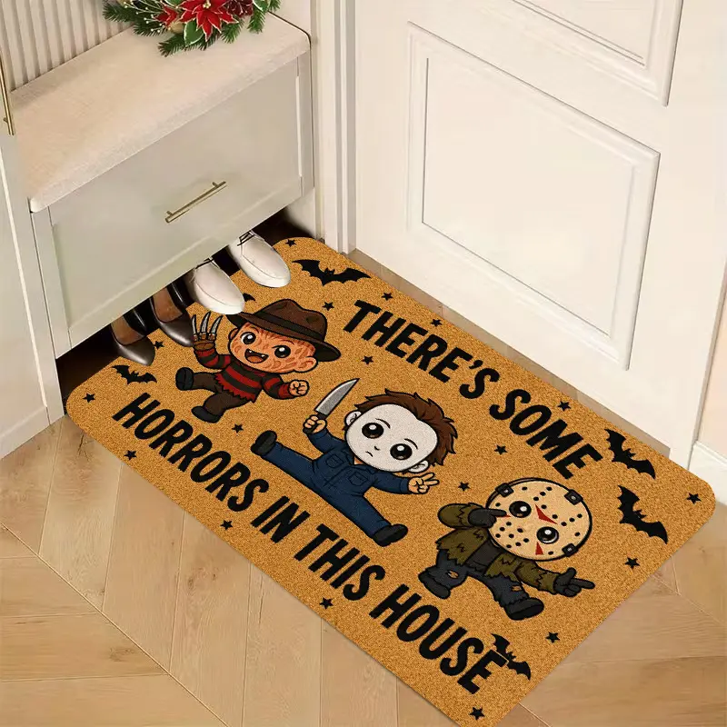 Horror Movie Character Cartoon Doormat Something Terrifying Is in This House Thin, Low-Profile Entryway Doormat Halloween Festive Front Door Decorative Doormat