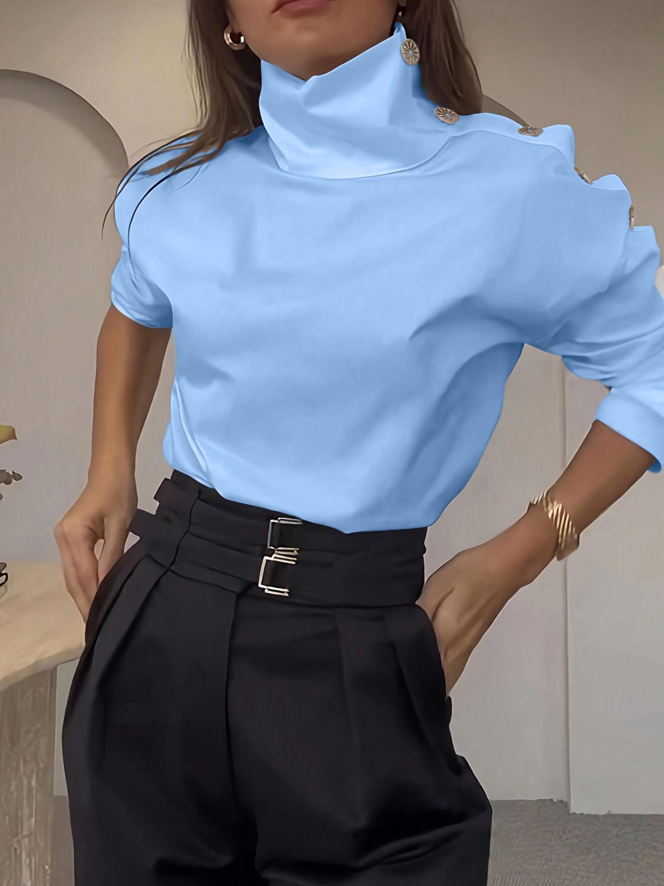 Women's Plain Gold Button Shirt, Casual Elegant Classy Long Sleeve Top for Summer, Ladies Clothes for Daily Wear