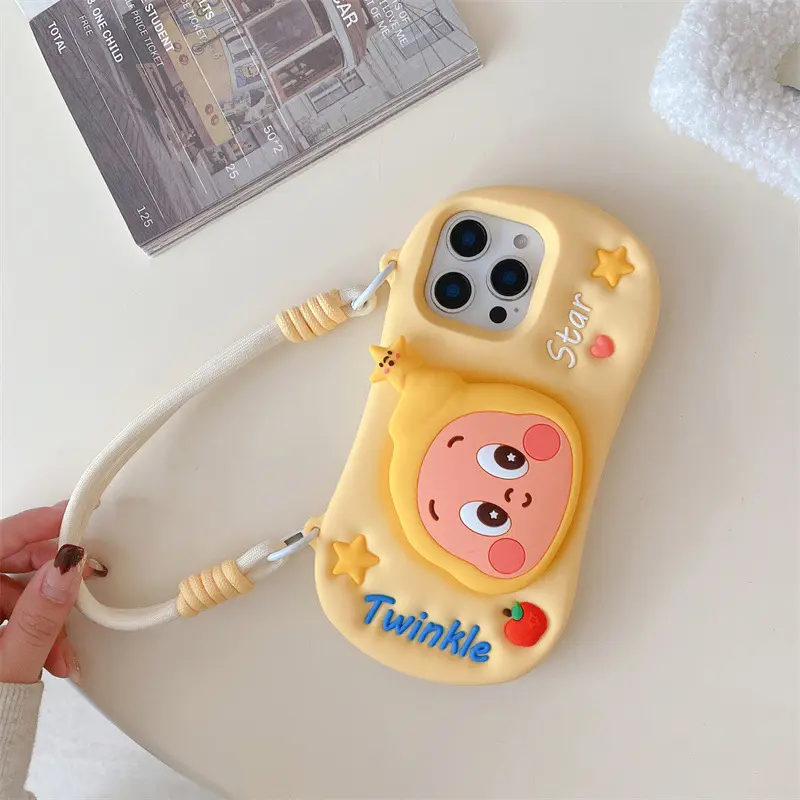 Cartoon cute 3D horizontal star character silicone phone case with lanyard For iPhone 17 16 15 14 13 12 Pro Max, with stand and anti-drop protection