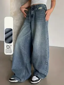 Casual Fashion Daily Non-Elastic Women's Jeans Wide Leg Long Pants, Comfortable and Stylish, Perfect for Everyday Wear