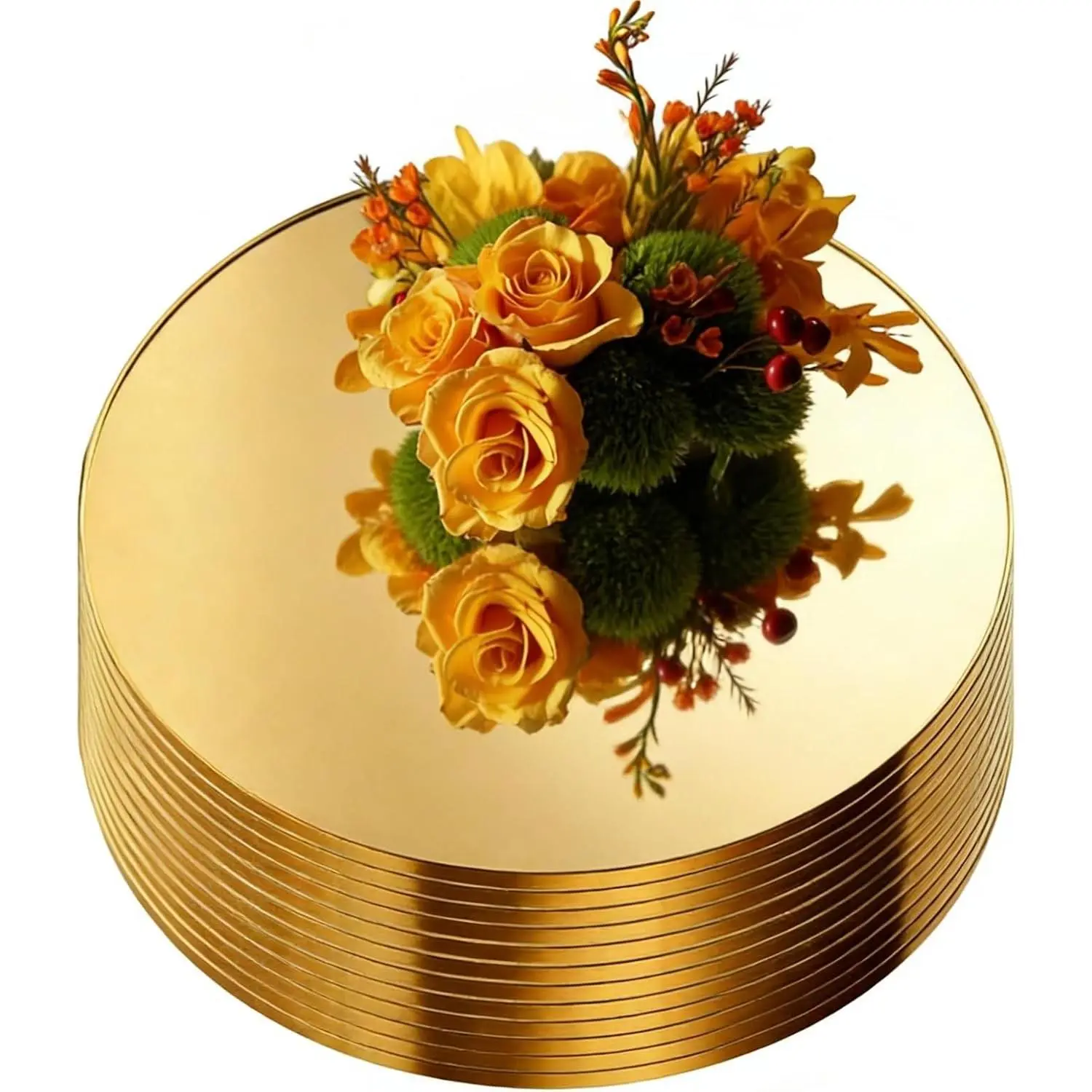 12-Pack Shiny Round Gold Mirror Centerpieces, 10in 1.5mm Thick Candle Plates for Wedding Party Decoration, Home Wall Table Decor with Flowers Compatibility, Mirror Finish