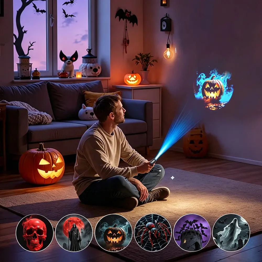 Halloween Projector Lights, 6 Patterns USB Spooky Projection Light, Halloween Wall Decor for Home Indoor Outdoor Party Decorations, Decorative Atmosphere Lighting