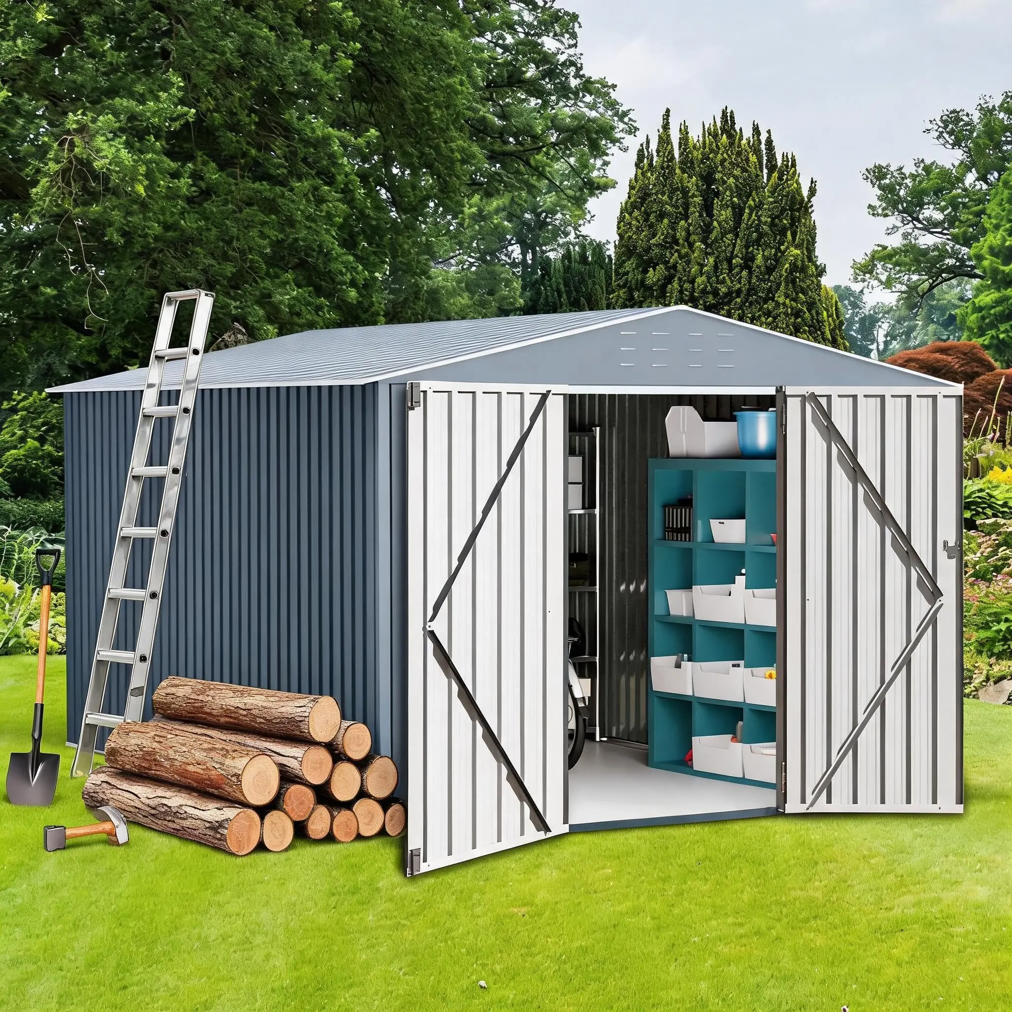 GARVEE 10x12 ft Large Outdoor Metal Storage Shed with Sturdy Frame, Lockable Door for Garden, Lawn, Backyard Use, Durable Brown Garden Tool Shed