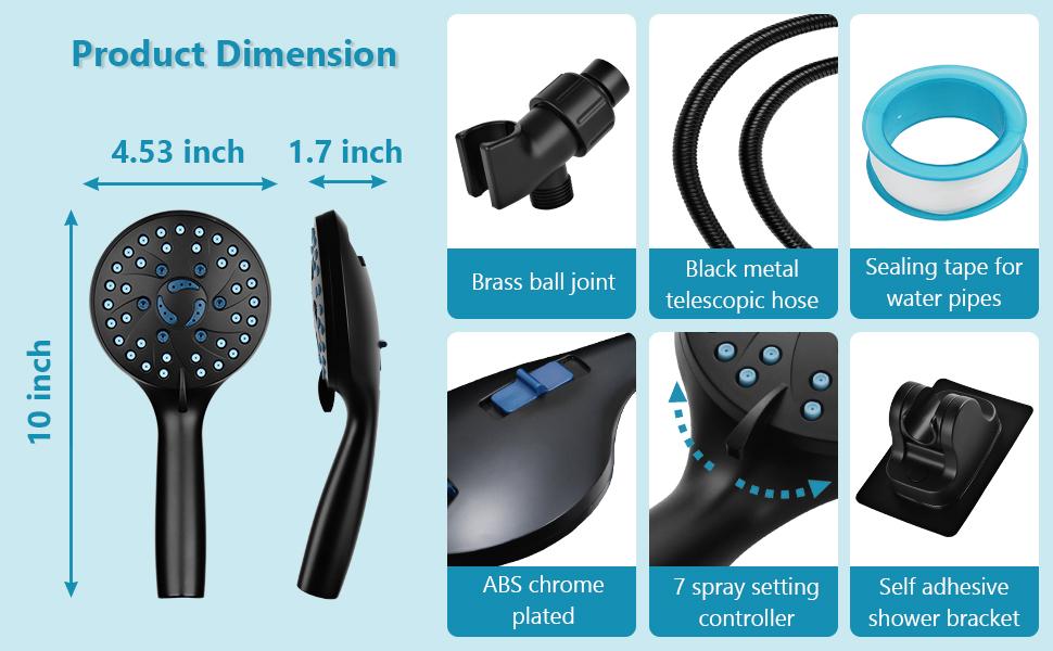 7-Mode High Pressure Shower Head & Handheld Combo – Removable Black, Cleans Tiles, Bathtubs & Pets Easily, Boosts Water Pressure, with Hose