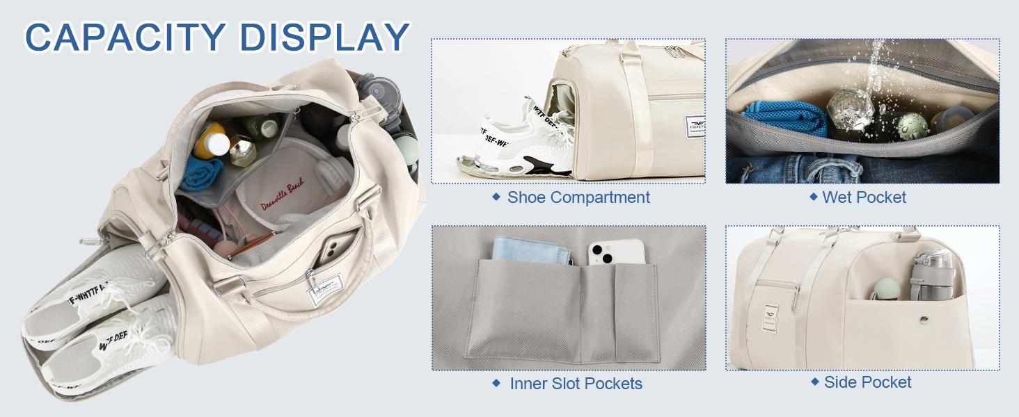 Womens Gym Tote Duffle Bag with Wet Pocket & Shoe Compartment, Sports Duffel Overnight Weekender Hospital Workout Carry on Bag for Girls, Ideal for Travel, Swimming, Dance, Ballet Beige