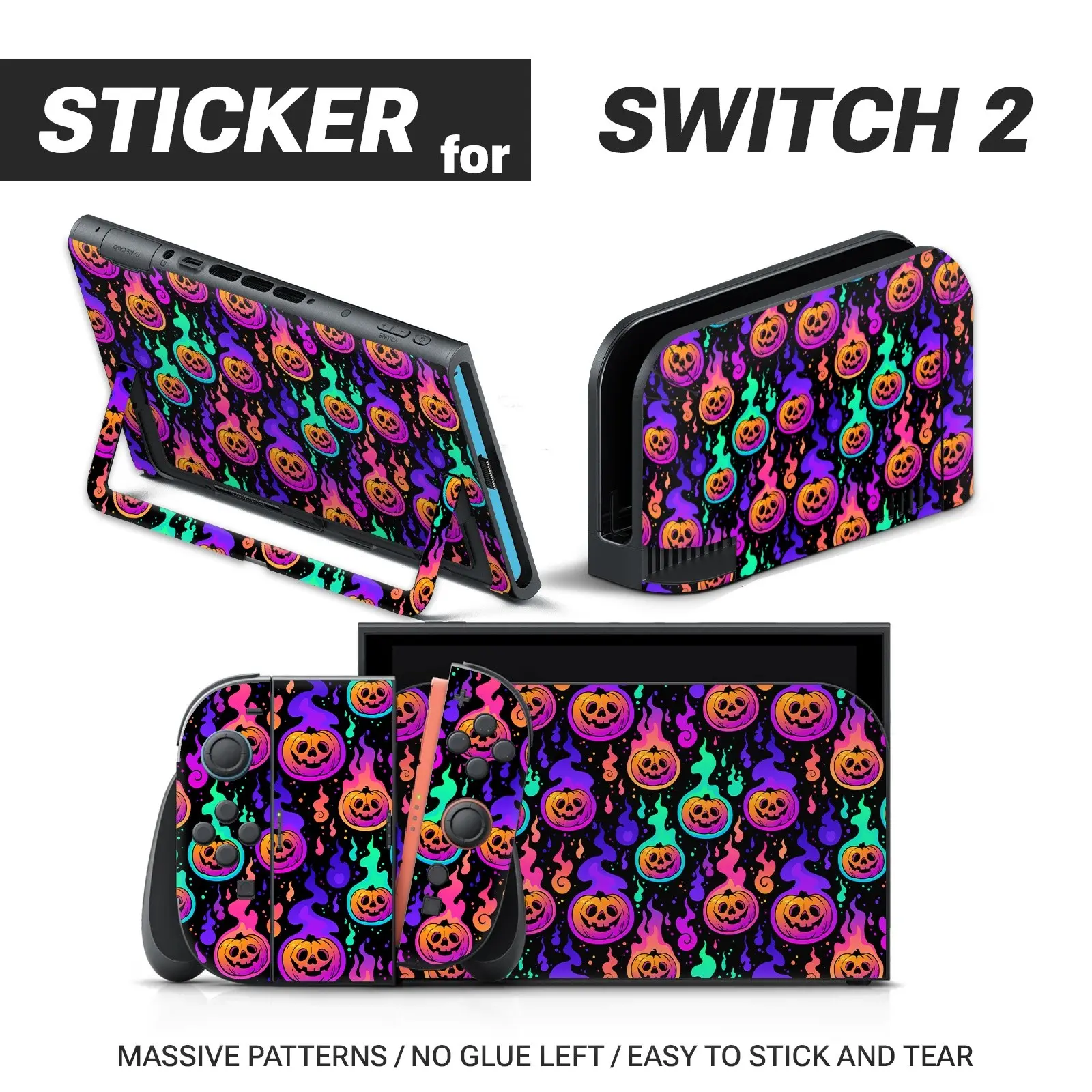 Switch 2 Sticker Set, Neon Pumpkin Design, Waterproof Removable Vinyl, Halloween Art Pattern, Console & Controller Decals, High Saturation Colors, Gaming Console Accessories