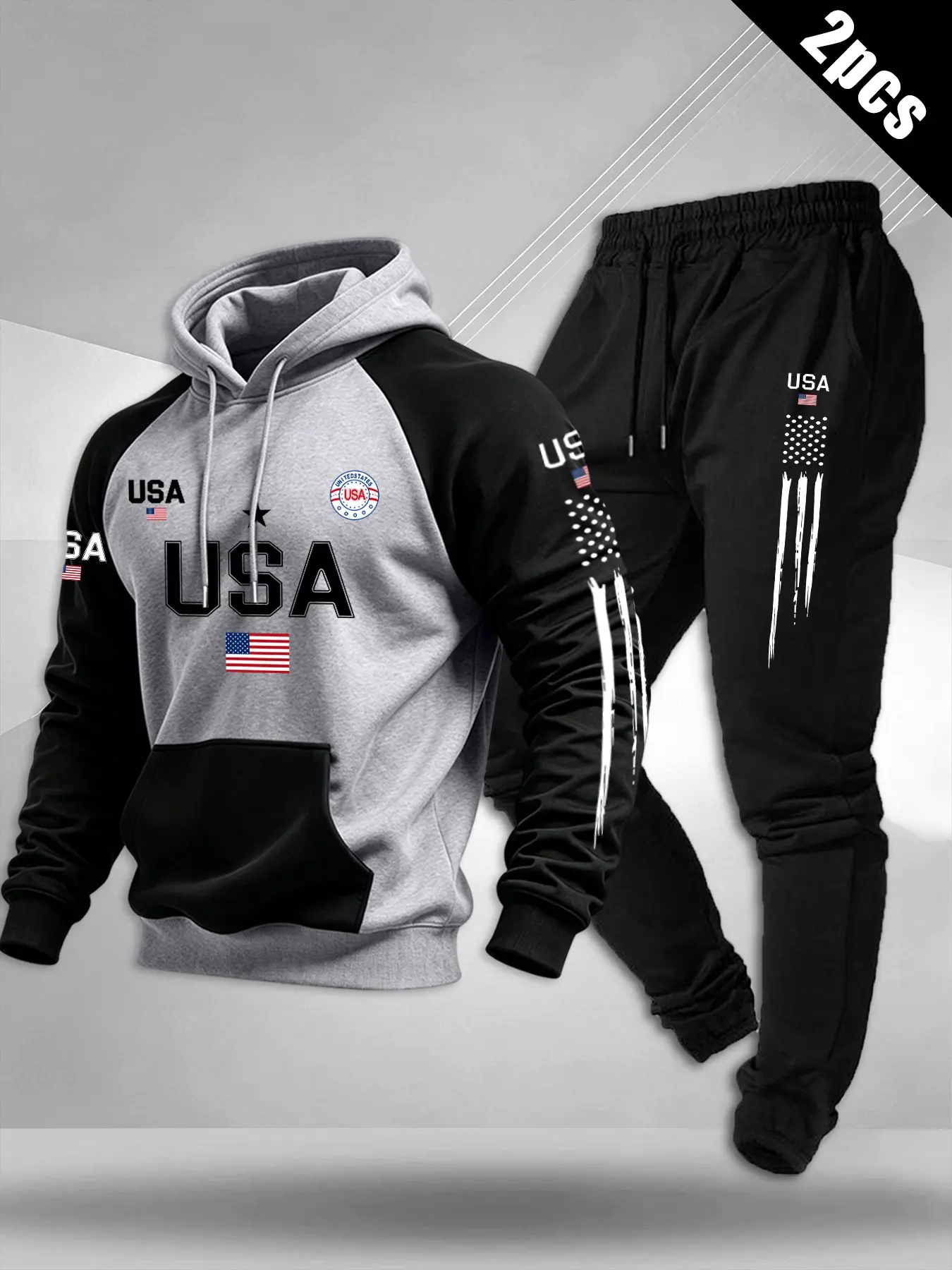 Men's Two-Piece Hoodie Set, Colorblock Raglan Usa Flag Print Hoodie + Sweatpants, Drawstring Design, Soft Comfortable, Sporty Style