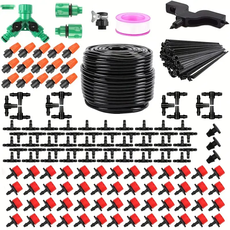 201 Piece Automatic Drip Irrigation System Set, Automatic Irrigation Equipment, Plant Watering System, Includes 165 Feet Pipe & 2 Types of Nozzles, Abs Plastic, DIY Lawn/garden Watering Kit, Automatic Plants Watering
