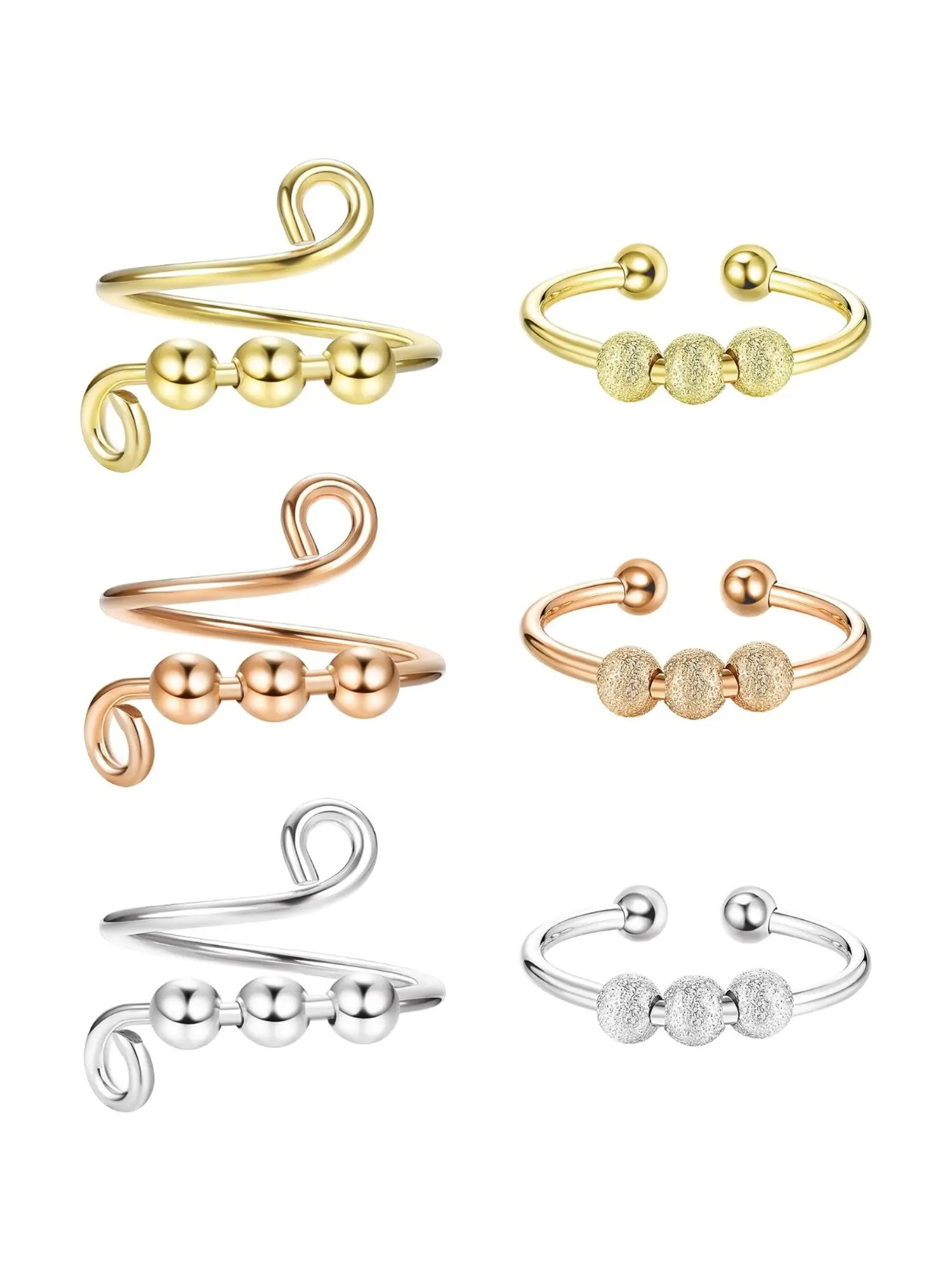 6 Pcs Three-Tone Matte Spinning Bead Fidget Ring Multipack, Stackable Finger Rings, for Women Men Adjustable Open Finger Jewelry Set Bendable Polished Copper Two Distinct Bands Spiral Twisted Double-loop Rings Match with Casual Outfits