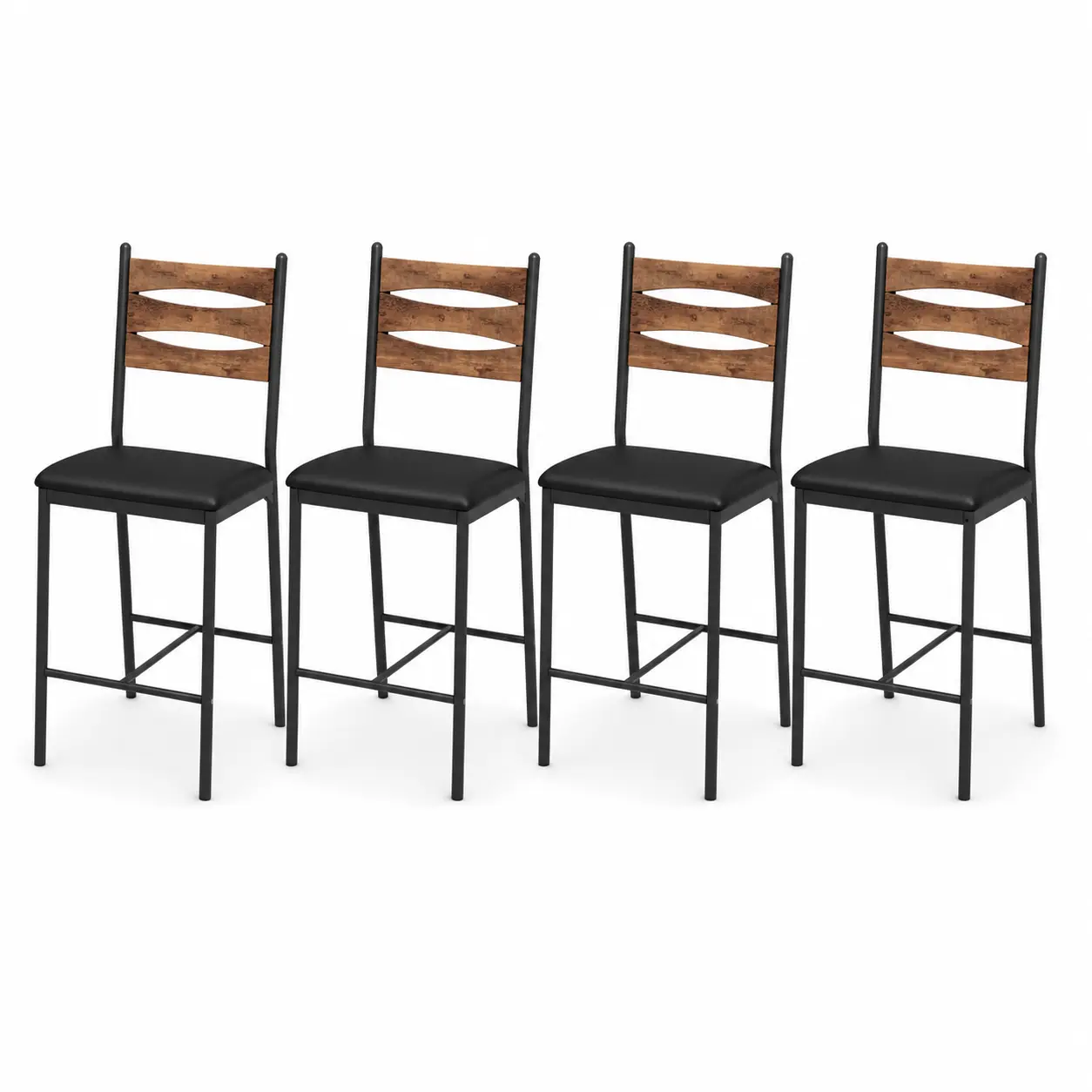 Modern Counter Height Bar Stools Set of 2 or 4, 22.4-Inch Upholstered Kitchen Island Chairs with PU Leather Cushions, Curved Wood Grain Backrests, Sturdy Metal Frames, Footrests and 250 lb Capacity for Breakfast Bar, Dining Room or Apartment