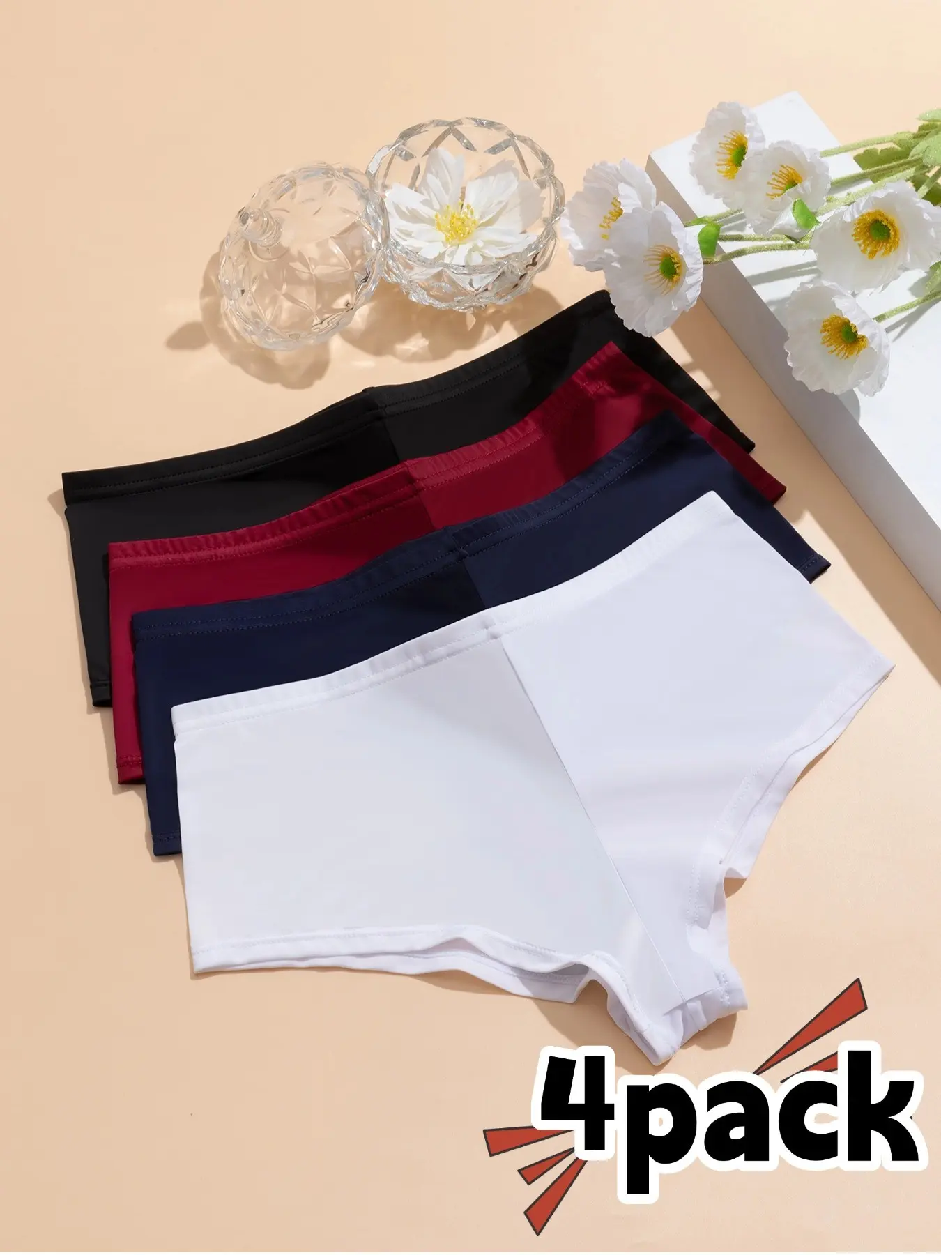 Summer Simple Solid Color Elastic Fit Underwear, Women Low Waist Boxer Shorts, Seamless Comfortable Breathable, All Seasons, 4 Pcs Set