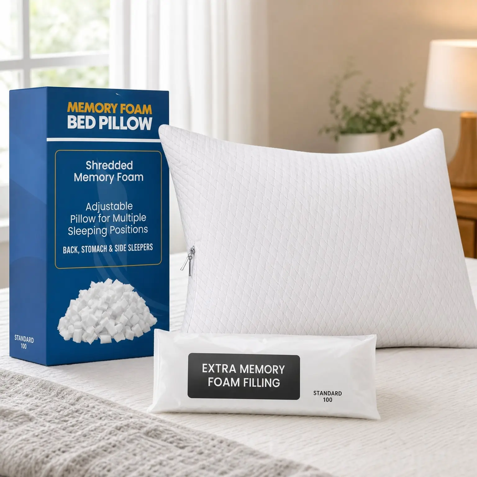 Shredded Memory Foam Pillows, Cooling Pillow, Queen, Adjustable Bed Pillow for Sleeping, Washable Jacquard-Polyester Cover, Support for Back, Side & Stomach Sleepers, Pack of 1Gift