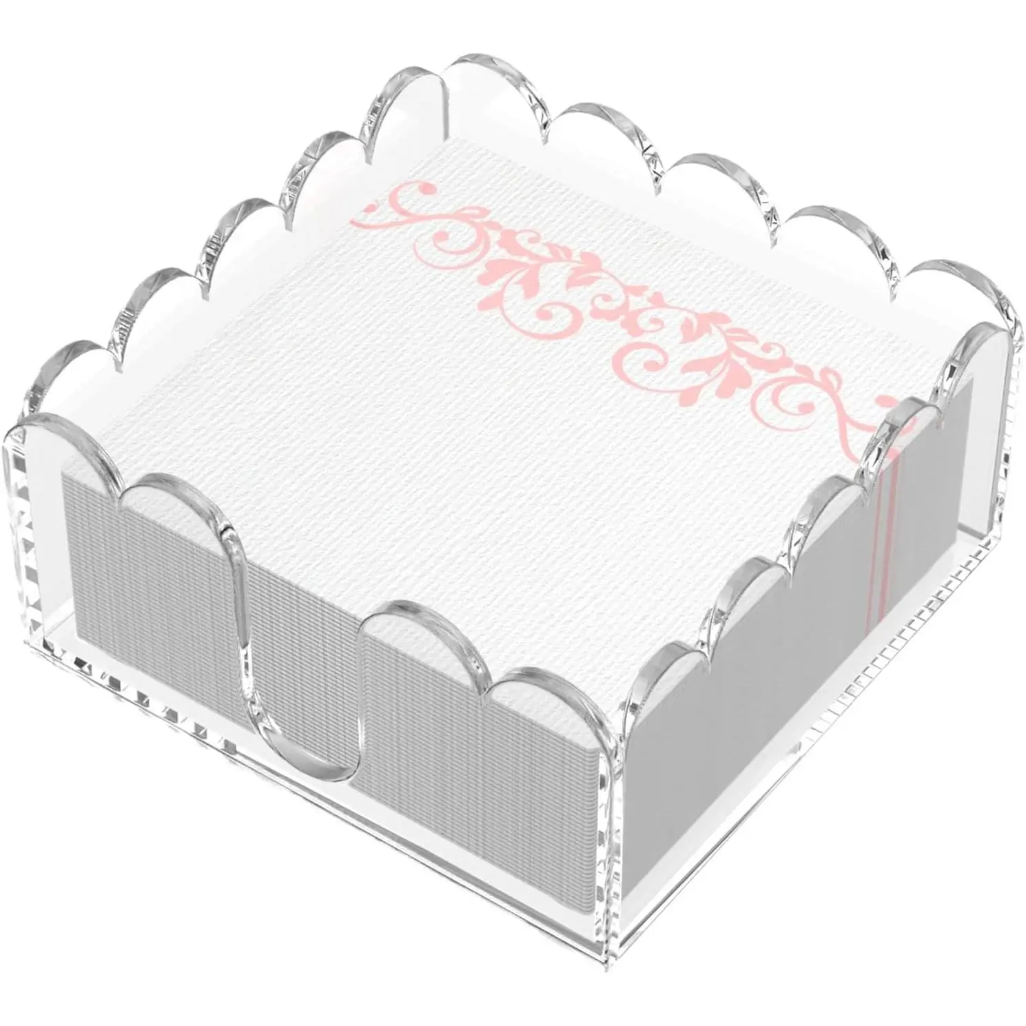 Acrylic Napkin Holder for Cocktails – Clear Scalloped Tray and Dispenser for Kitchen, Dining, Bar – Organizes Flat Paper Towels & Disposable Napkins for Weddings, Home, Hotel (5.4x5.2in)