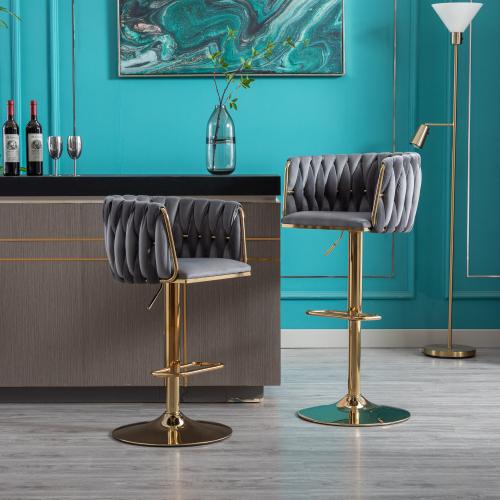 [Bellemave]Set of 2  Bar Stools,with Chrome Footrest and Base Swivel Height Adjustable Mechanical Lifting Velvet + Golden Leg Simple Bar Stool-Navy