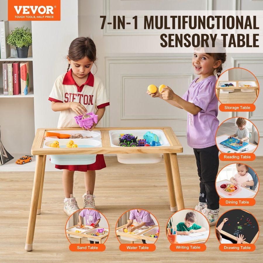 VEVOR Sensory Table for Toddlers, Kids Activity Table with 3 Foldable Storage Bins Double-Sided Board, Indoor/Outdoor Play Sand and Water Table, Wooden Kids Sensory Table for Drawing Studying Dining