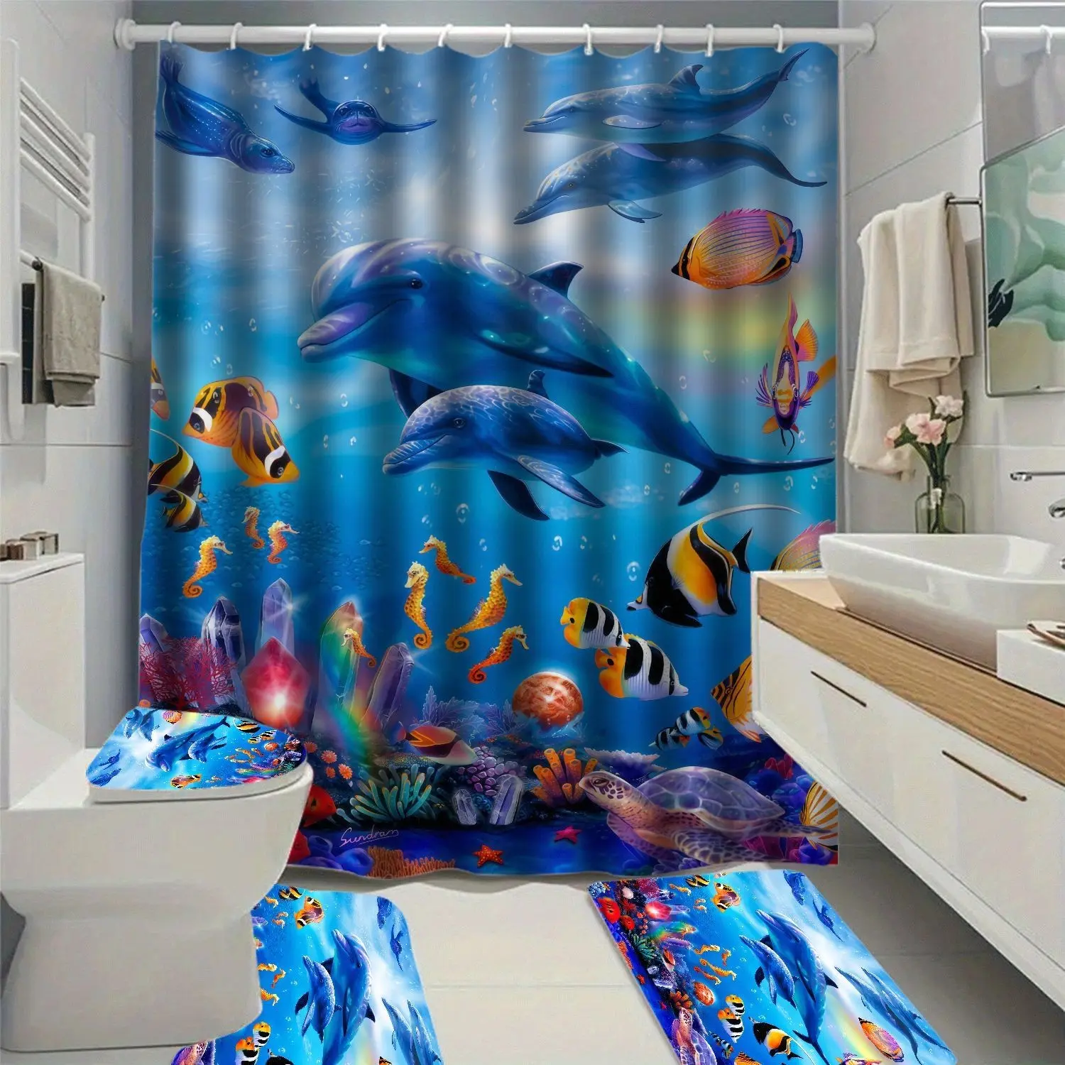 1/4pcs Dolphin Tropical Fish Print Bath Curtain Set, Cartoon Ocean Style, 100% Polyester, Waterproof, Bathroom Home Decor
