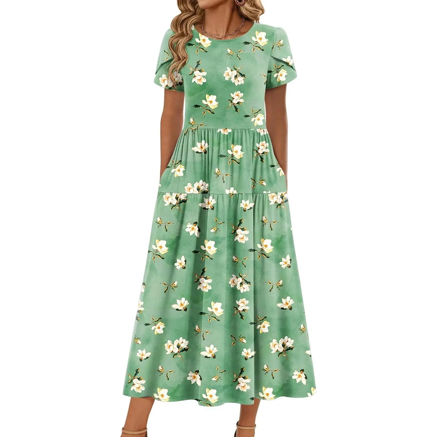 Women's 2026 Elegant Casual Wear Maxi Bohemian Floral Short-Sleeve Flowy Fabric Comfy Maternity Beach Sundress (Home Organizer Storage Bag Accessory Gift), High Waist