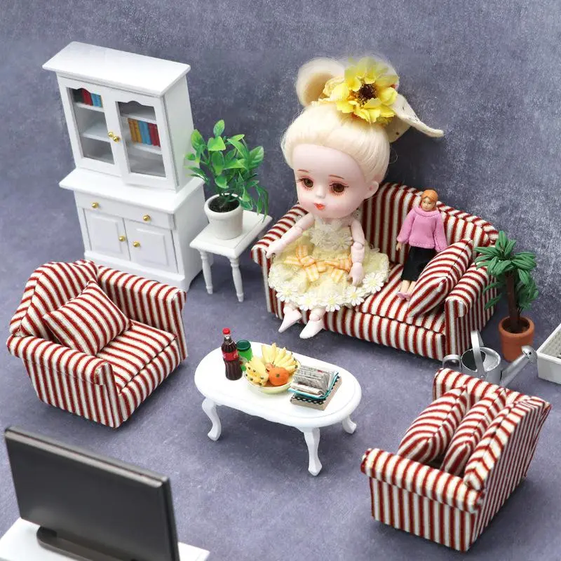 1:12 Scale Fabric Miniature Sofa Set with Gold Trim - Red Stripes Dollhouse Living Room Furniture, Realistic Couch with Throw Pillows, Cake Topper, Desk Accessory, House Decoration Collectible