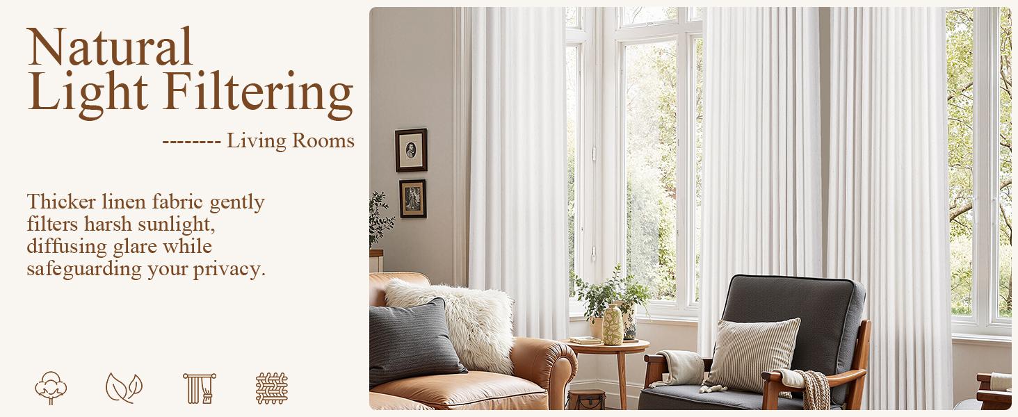 Pinch Pleated Linen Curtains 84 inches Long 2 Panels for Living Room Neutral Chenille Velvet Texture Curtain Pinch Pleat Hooks Rings Soft Luxury Drapes for Dining Bedroom Office Natural