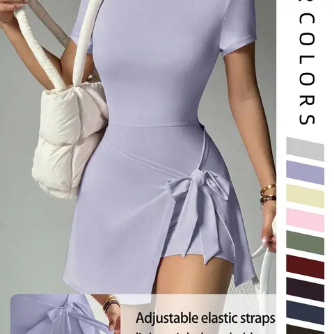 Women's Bowknot Sports Dress, Comfortable Casual Short Sleeve Backless Waist Cinching Butt Lifting Slimming Belted Dress, Solid Sports Dress