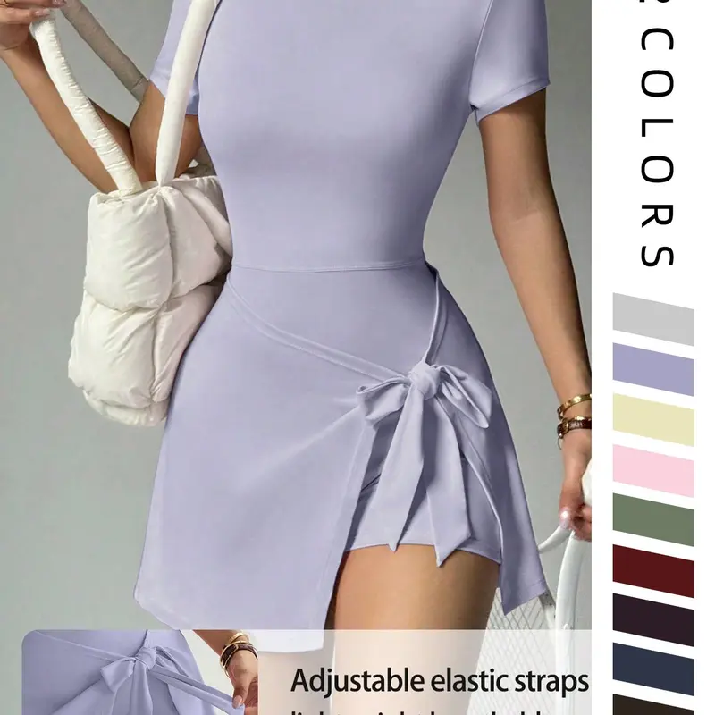 Women's Bowknot Sports Dress, Comfortable Casual Short Sleeve Backless Waist Cinching Butt Lifting Slimming Belted Dress, Solid Sports Dress