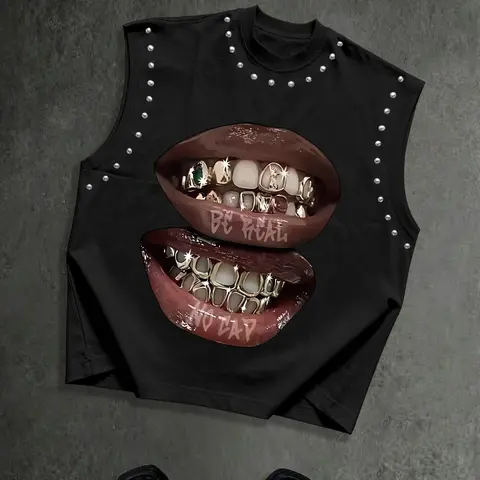 American Streetwear Hip-Hop Gold Tooth Lip Print Rivet Graphic Sleeveless T-Shirt, Baggy Loose-Fit Summer Casual Streetwear Tank Vest, Trendy Street Style Top, Fashion Clothes