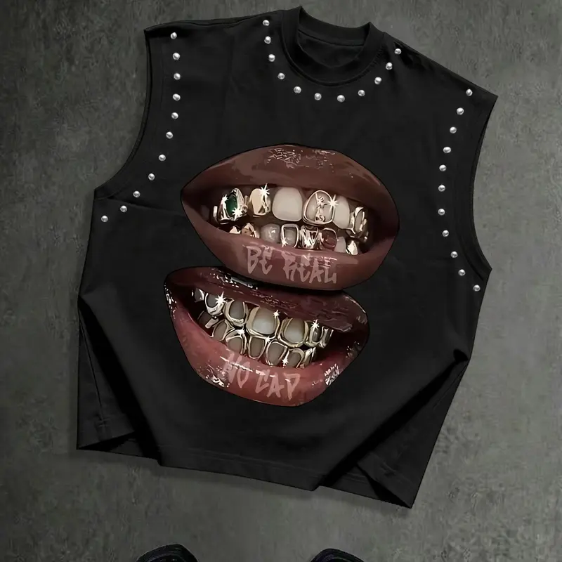 American Streetwear Hip-Hop Gold Tooth Lip Print Rivet Graphic Sleeveless T-Shirt, Baggy Loose-Fit Summer Casual Streetwear Tank Vest, Trendy Street Style Top, Fashion Clothes
