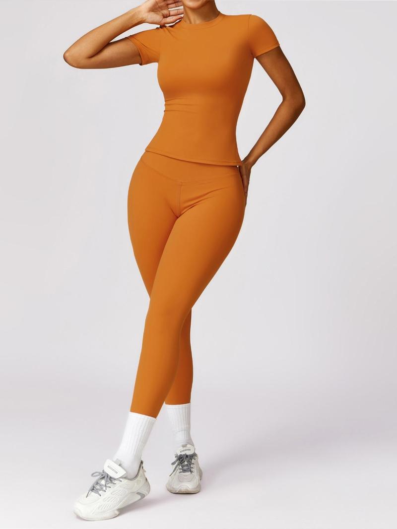 Women's Plain Round Neck Crop Tee & High Waist Leggings Yoga Set, Breathable Quick-Drying Short Sleeve T-Shirt & Skinny Pants Set for Gym Workouts and Running, Ladies' Sportswear for All Seasons, Athleisure Wear