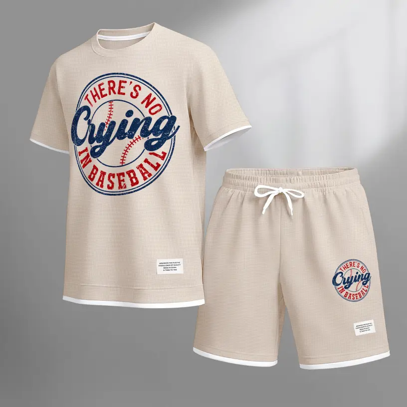 Men's Casual 2-Piece Set, "No Crying in Baseball" Graphic Print Tee and Shorts, Soft Textured Athletic Outfit, Clothes, Minimalist, Menswear, Shortsleeve, Fabric, Outdoor, Drawstring, Loose, Polyester, Outfits, Men's 2 Piece Sets, Round Neck