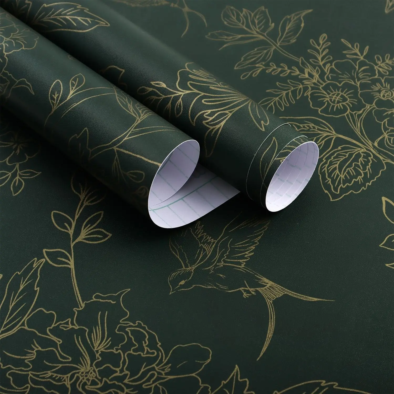 Dark Green and Gold Floral Peel and Stick Wallpaper 17.7"x118.1" Vintage Flowers Birds Removable Self Adhesive Wall Paper for Bedroom Cabinets