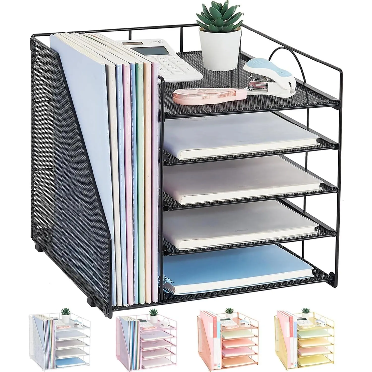 Desk Organizers and Accessories, 5-Tier Paper Letter Tray Organizer with File Holder, Desktop Organizer for Office Supplies (Black)