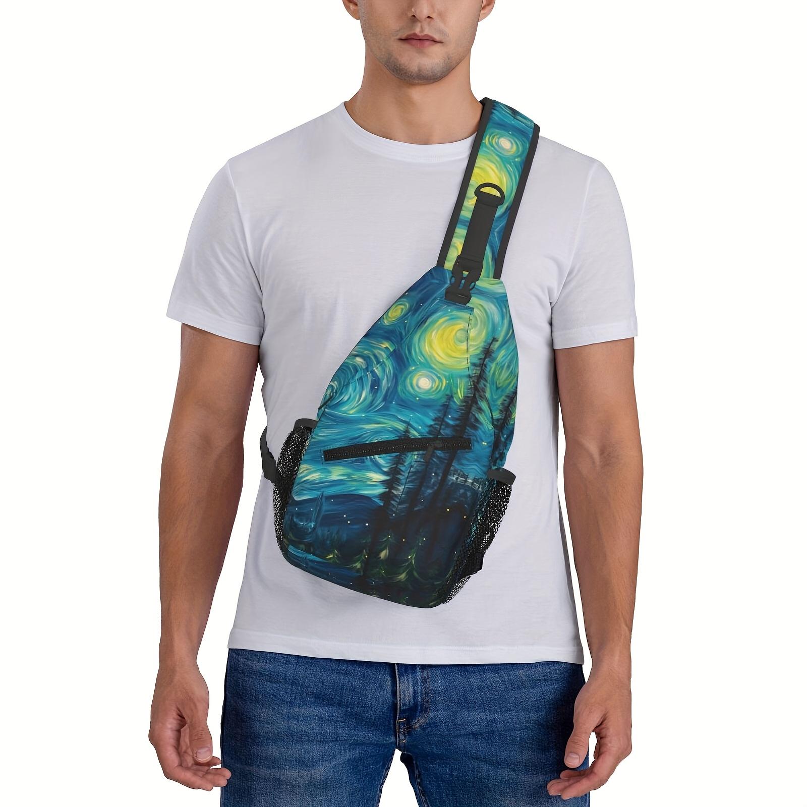 A Stylish  Spacious Crossbody Chest Bag Featuring an Abstract Design Inspired by a Starry Night  Forest, Perfect for Hiking, Shopping, Leisure Travel, Or As a Beach Bag.This Durable Backpack Is Also Suitable for Fishing  School and