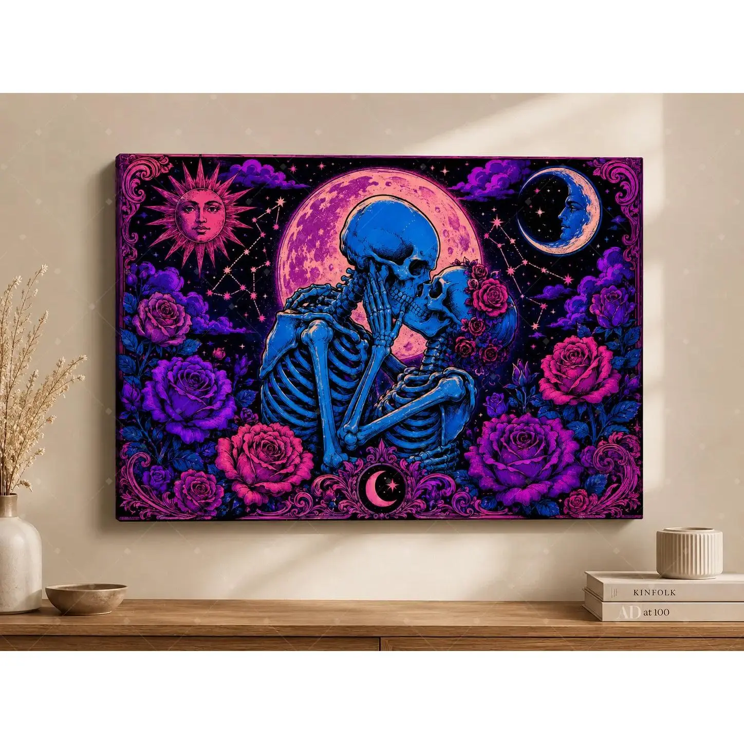 Trendy Decor Poster Print, Gothic Kissing Skeleton Couple Rose Sun Moon Star Canvas Wall Art, Dark Romantic Floral Celestial Painting For Bedroom Tattoo Shop Bar Halloween Apartment Wall Decor, Available as Unframed Canvas Poster or Framed Canvas Wrap