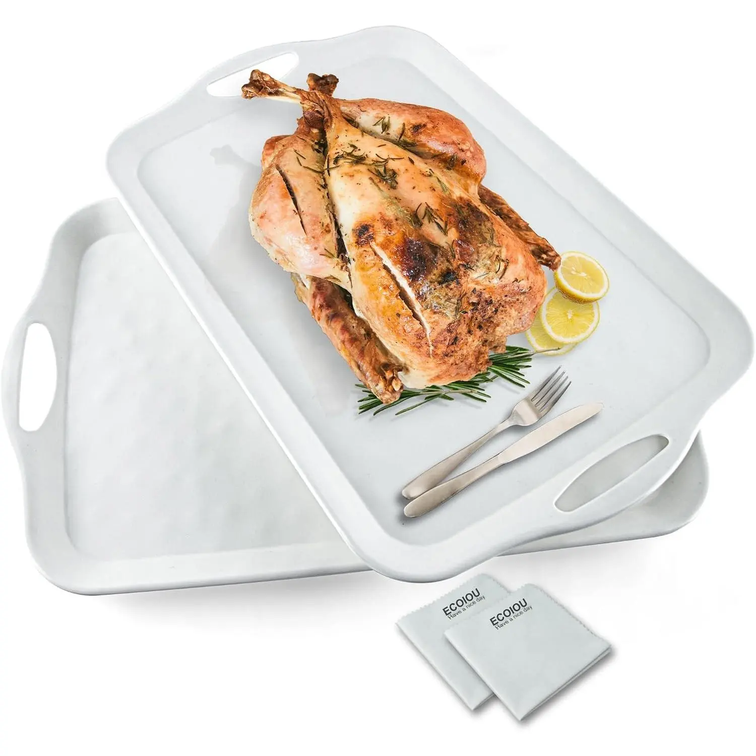 ECOIOU Extra Large Serving Tray with Handles, 20x13 inch, Set of 2 Melamine Platters for Serving Food, Turkey, Cookie, Rectangular Trays for Eating, Raised Dots Matt Finished, Dishwasher Safe, White