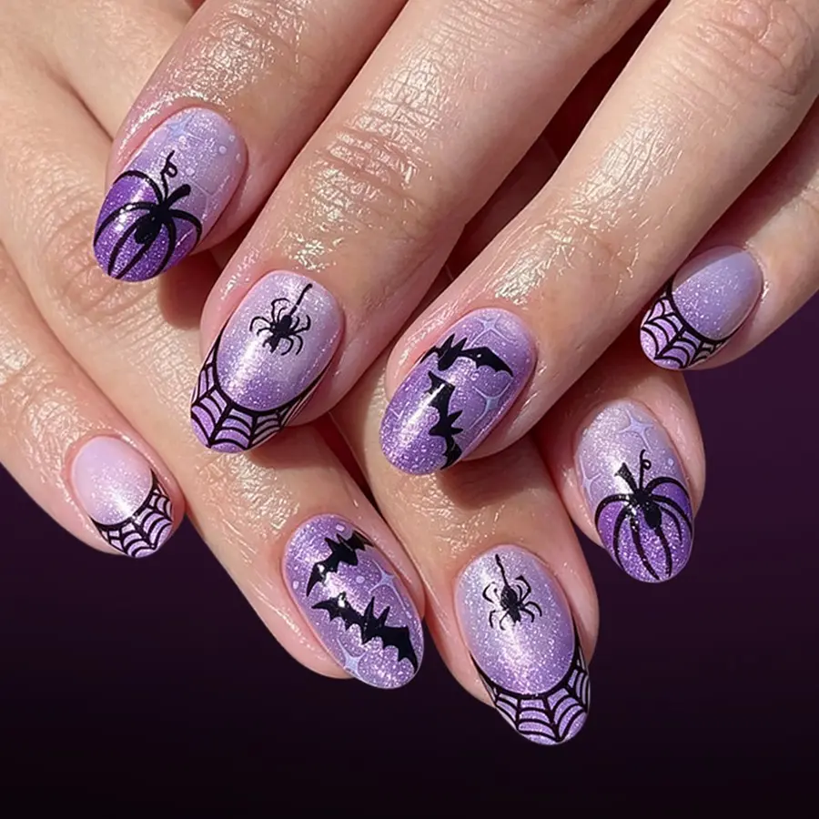 24pcs Short Oval Halloween Nails, Glitter Pumpkin Bat Design, Reusable Press-On Nails, Shiny Fake Nails for Women and Girls