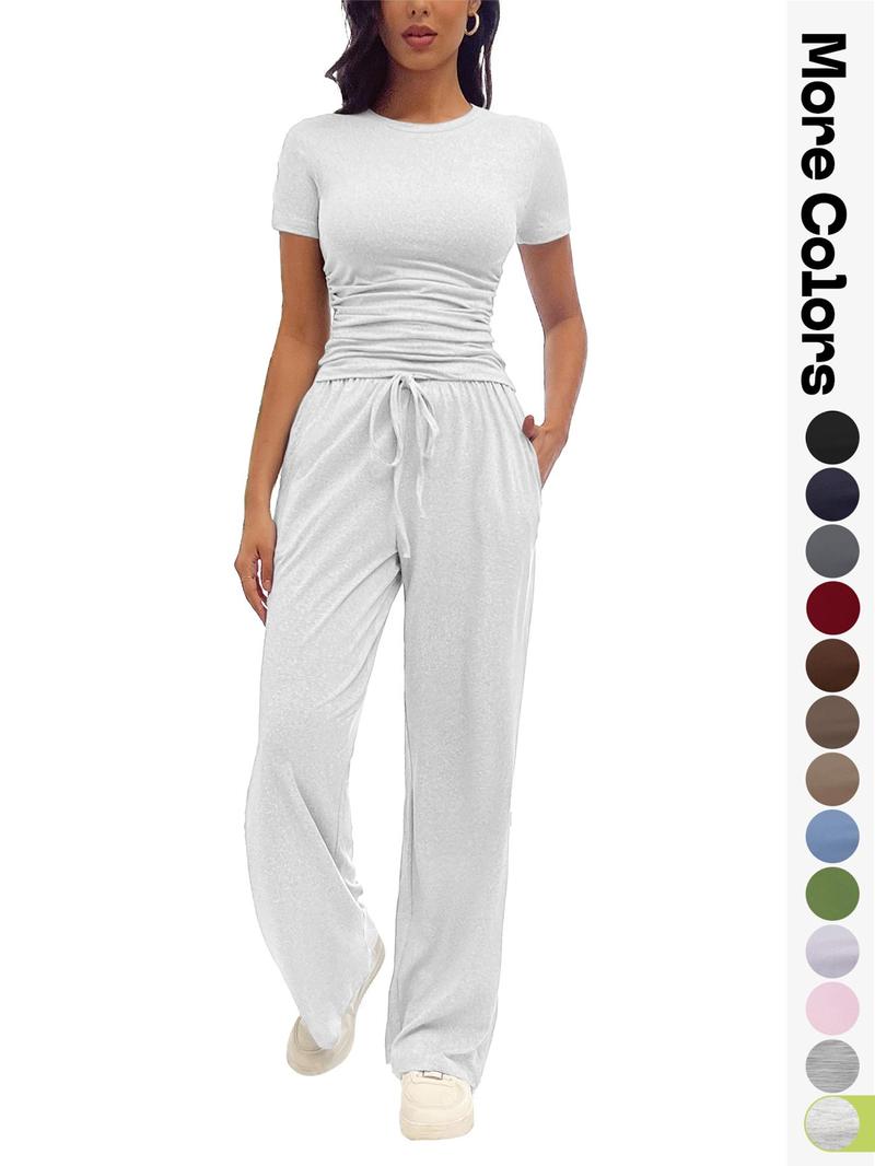 Women's Solid Round Neck Tee & Pants Loungewear Two/Six-Piece Set, Casual Pyjama Set for Women, Comfy Loungewear Set for Daily Home Wear