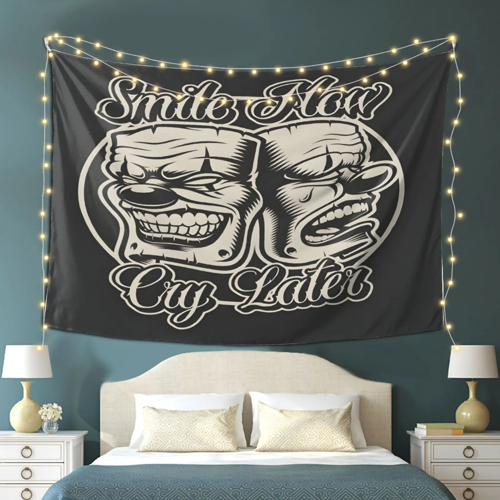 2D Flat - 2D Flat - A 2D Flat Tapestry Featuring a "Smile Now Cry Later" Clown Design, Showcasing Striking Black And White Clown Faces. This Wall Hanging Decor Is Made from Durable Polyester Fabric