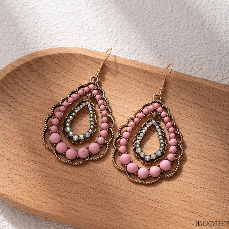 Boho Viral Coastal Ethnic Teardrop Geometric Turquoise Earrings For Women, Dainty Vacation Drop Ear Studs, Bohemian Accessory For Beach Picnic Travel Daily Outfit Styling
