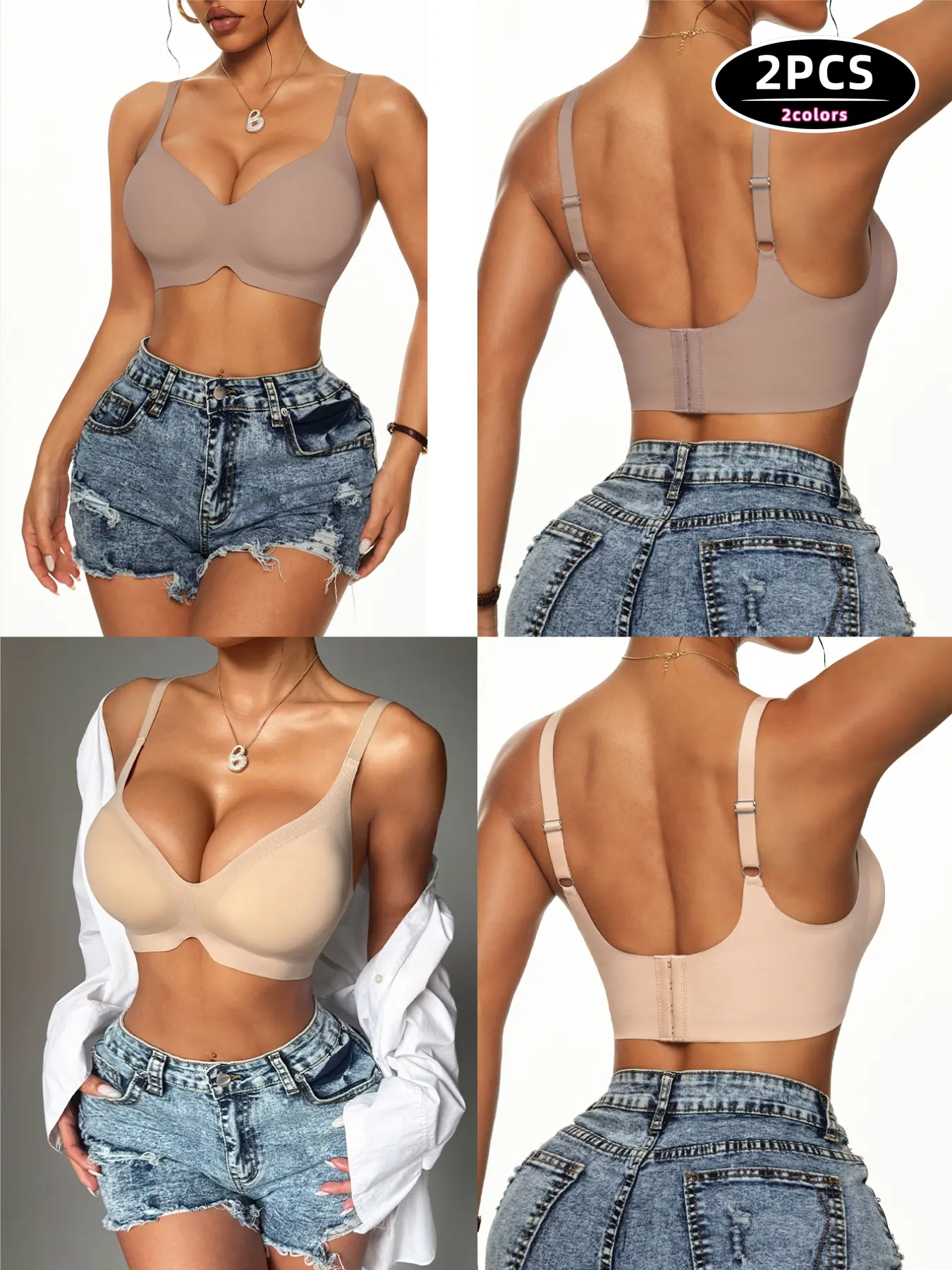 Women's Wireless Comfort Bra, Sexy V-Neck Detachable Pads, Adjustable Straps, All Season Wear, Elegant Fitted Bralette, Lingerie, Underwear