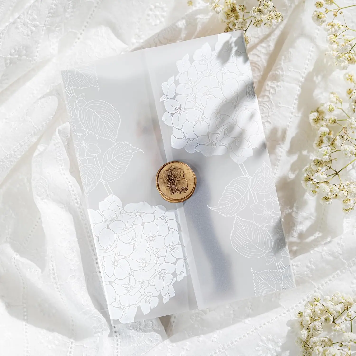 50 Pack Pre-Folded Vellum Jackets for 5x7 Invitations, Elegant Translucent Invitation Sleeves,115GSM Vellum Jackets 5x7, Wedding Invitation Accessories, for Weddings Birthdays, Hydrangea Floral