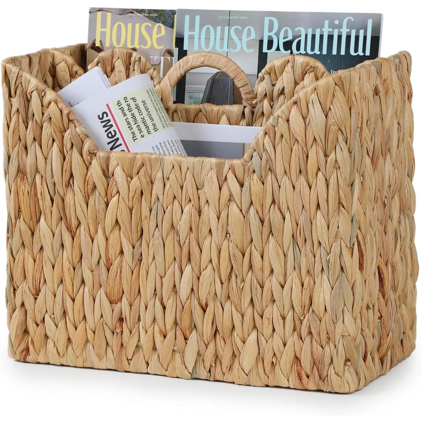 Wicker Magazine Holder, Handwoven Water Hyacinth Magazine Basket, Scalloped Book Basket with Handle, Divided Magazine Rack for Office, Bathroom, Living Room