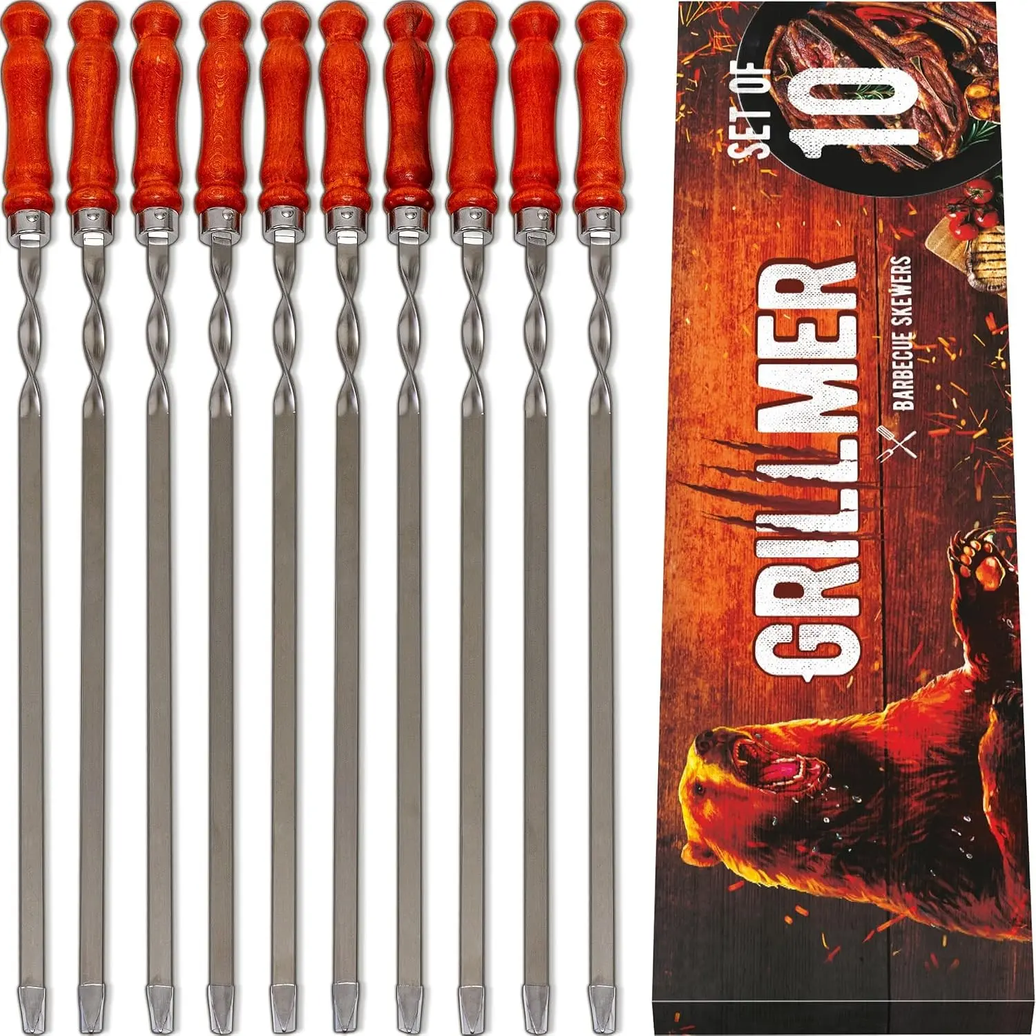 23.6" Long Stainless Steel BBQ Skewers Set of 10, Flat Heavy-Duty Metal Grilling Rods for Shish Kabob Kebab Picanha Shashlik Brazilian BBQ Grilling