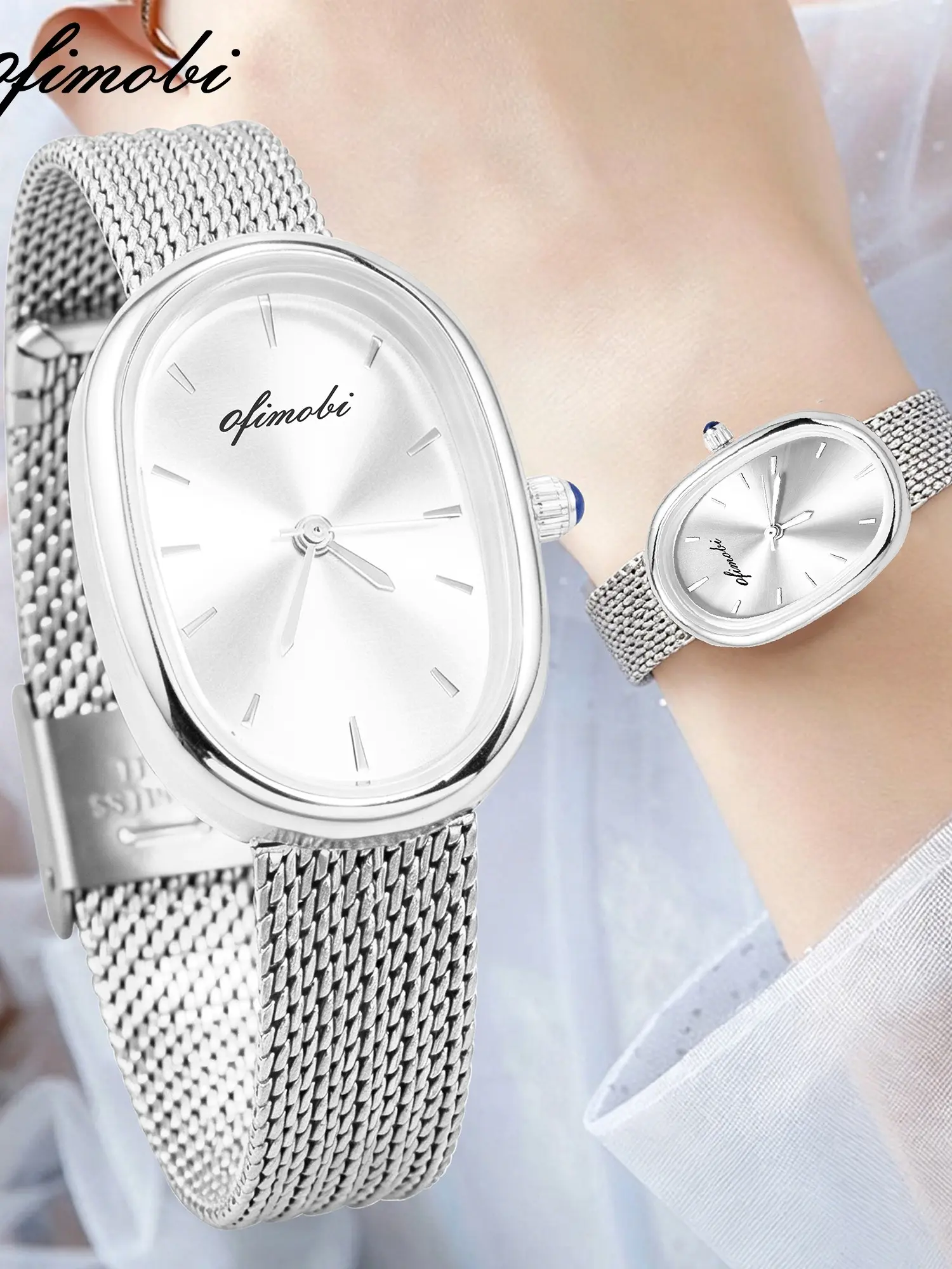 OFIMOBI Women Oval Quartz Watch, Minimalist Sunburst Dial Mesh Metal Strap 30M Waterproof Ladies Wrist Watch
